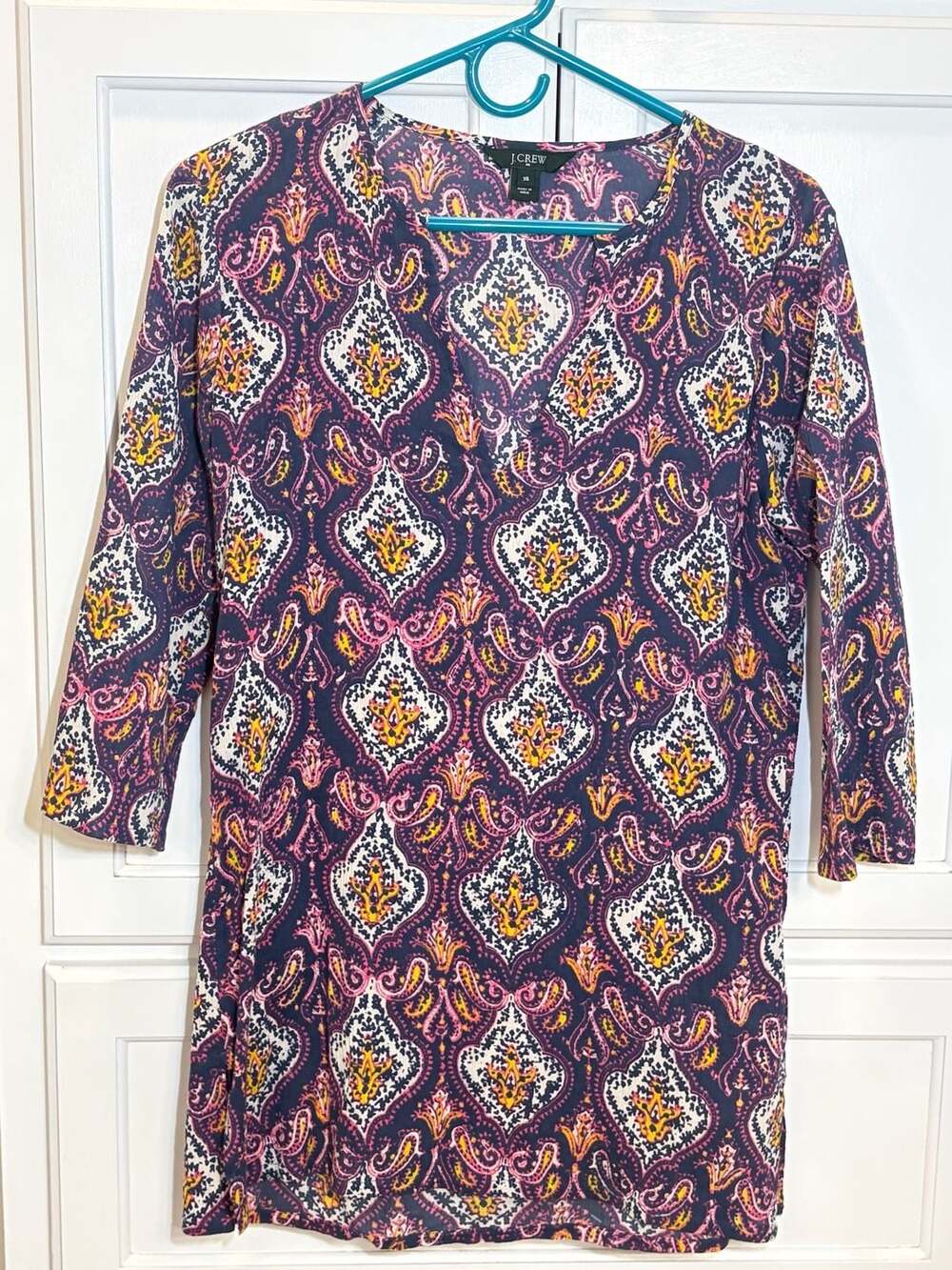 J. Crew Tunic Top Shirt Cotton Medallion Paisley Print Split Neck XS 100% Cotton